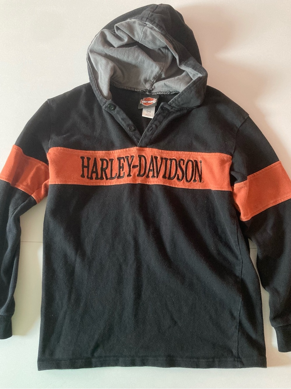 Harley-Davidson Womens SZ 12 Black Hoodie with Orange Logo Patch